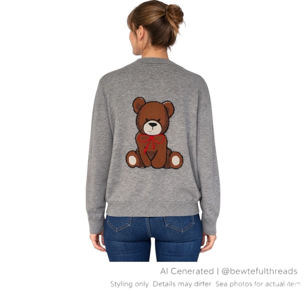 Teddy Bear Embroidered Cardigan Small–Medium Fit Cozy Indie Knit Top